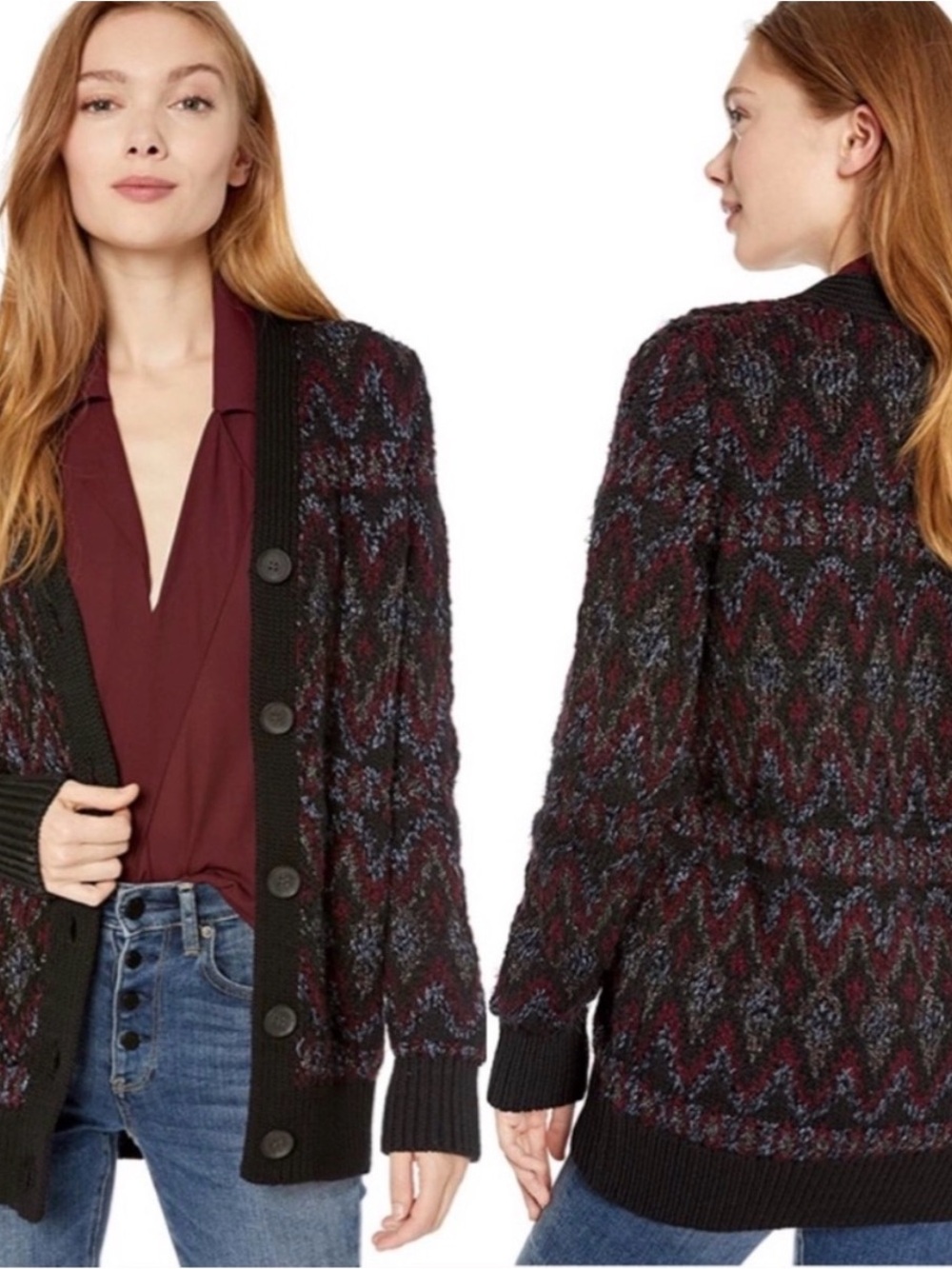 Lucky Brand Shine Fair Isle Cardigan Cozy Witchy Whimsigoth Metallic Knit S